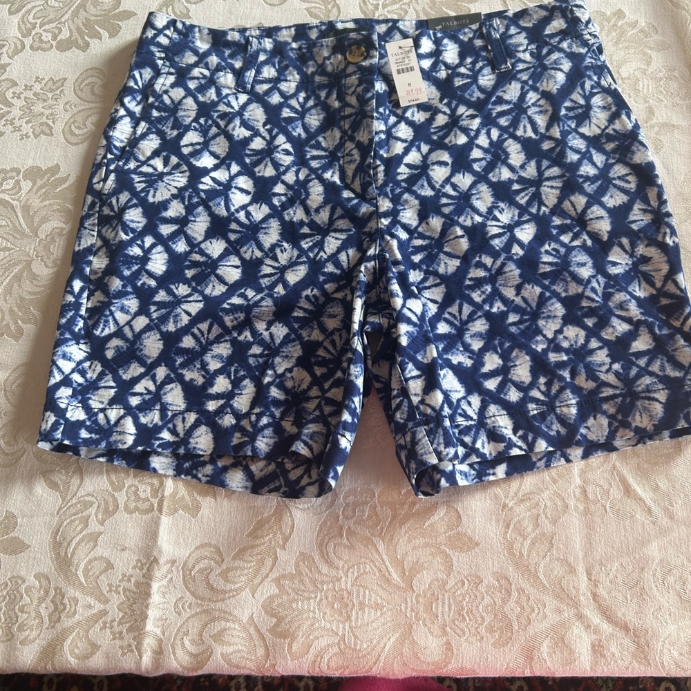 Talbots Blue and White Tie-Dye Chino Shorts size 8 NWT
